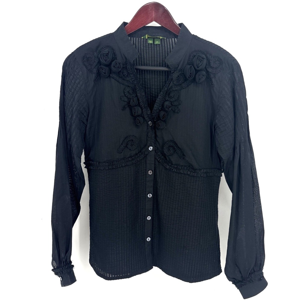 Oilily Women's Black Button Down 3D Roses Ruffle Shirt Size 34 Whimsy Academia